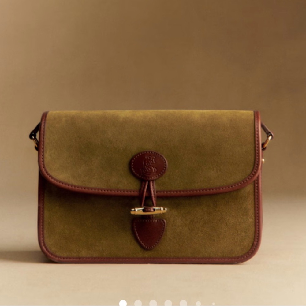 Sezane taupe/Olive Suede shoulder/Crossbody with Brown Leather Trim